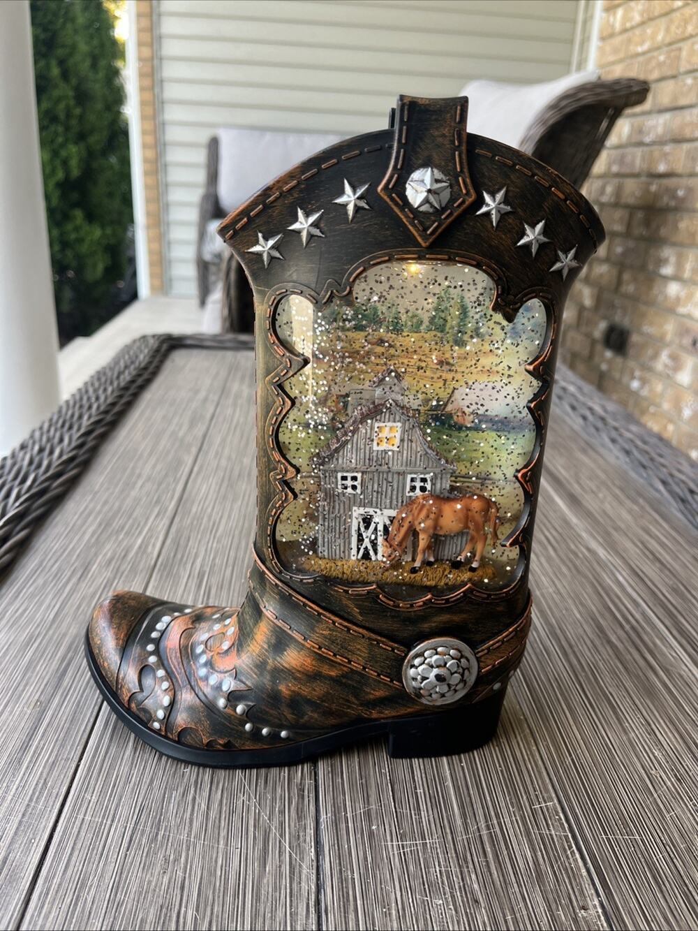 Cracker Barrel Cowboy Boot Snow Globe Iluminated Glitter Horse Farmhouse